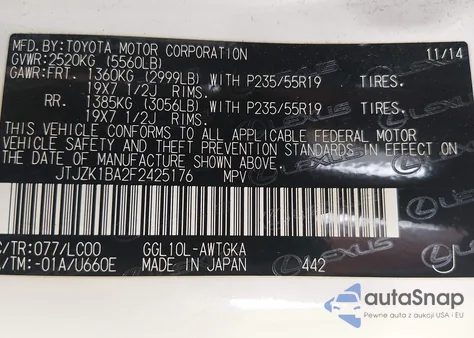 2015 Lexus Rx 350 from USA, damaged, VIN JTJZK1BA2F2425176